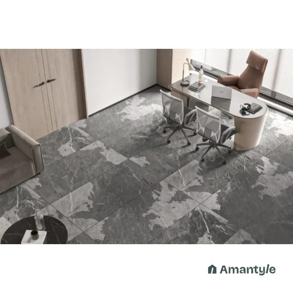 Dark Grey Vitrified Marble Matt & Carving Wall & Floor Tile Code 100481 (600x1200 mm, Matt Special)