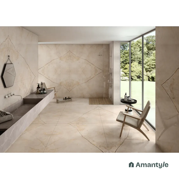 Beige Vitrified Marble Design Slab Wall & Floor Tile Code 100906 (1200x1800 mm, Polished Book Match)